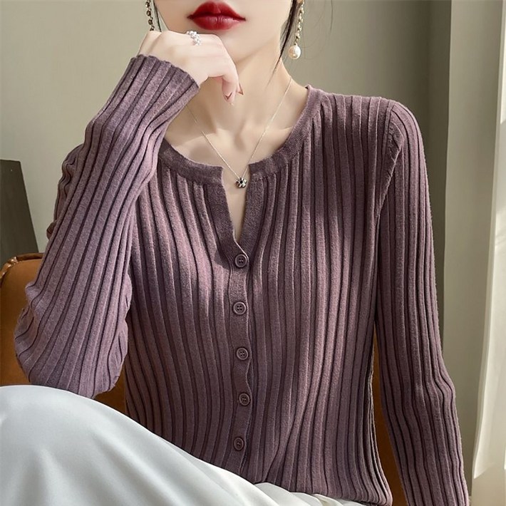 ROYALBELLE 여성 카디건 스트레이프 단색 싱글버튼 루즈핏 소프트 키트 카디건 U0010310