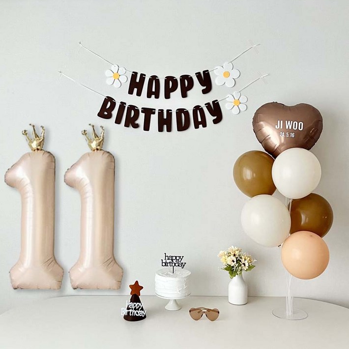 연지마켓 데이지 생일 가랜드 파티 용품 세트 숫자 풍선 레터링포함, 1세트, 브라운가랜드 숫자 11