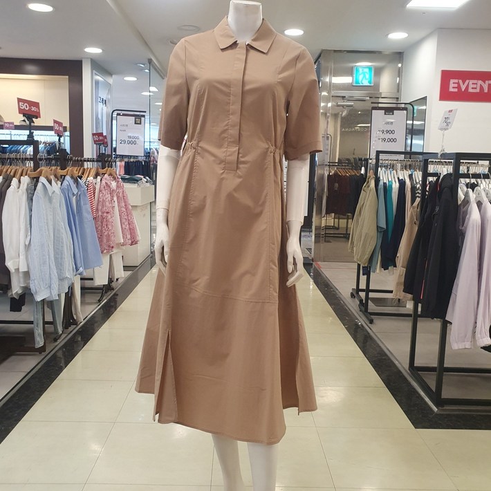 샤트렌 셔츠 카라 롱 원피스 시원하게 등안쪽 메쉬 처리 박스핏 또는 허리 스트링으로 핏 조절 체형커버 되는 반팔 원피스