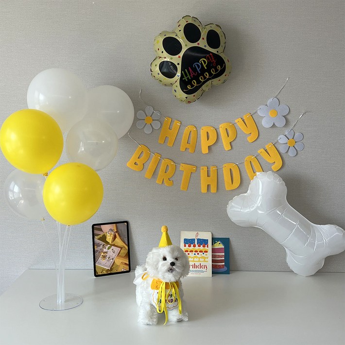 하피블리 강아지 생일 파티 뼈다귀 발바닥 풍선 생일상 용품 세트, 생일가랜드옐로우, 1세트