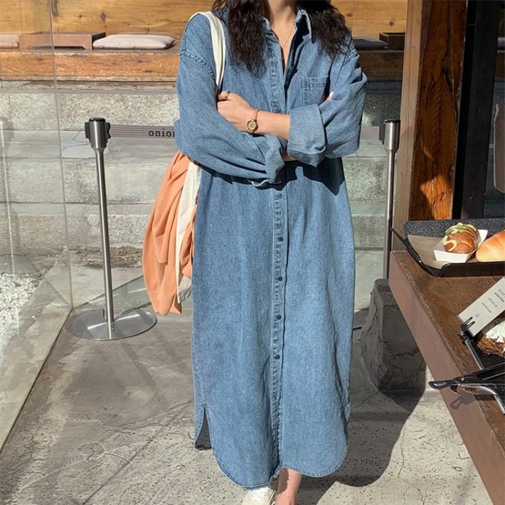 SAHINER 봄가을 여성 데님 셔츠 롱원피스 오버핏 캐주얼 데일리룩 LWBQZ34