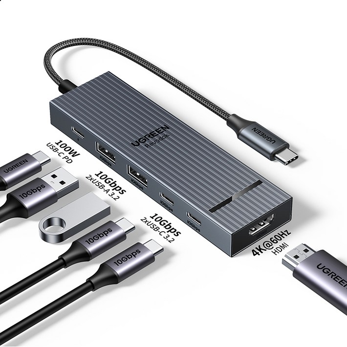 UGREEN 유그린 10Gbps USB 3.2 Gen2 C타입 멀티 허브 4K60Hz 디스플레이 지원 6 in 1 USBC 어댑터 고속 전송 지원, 1개