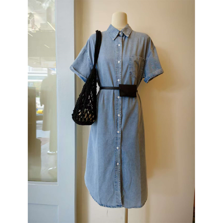 오르네트 여성 반팔 데님 롱 원피스