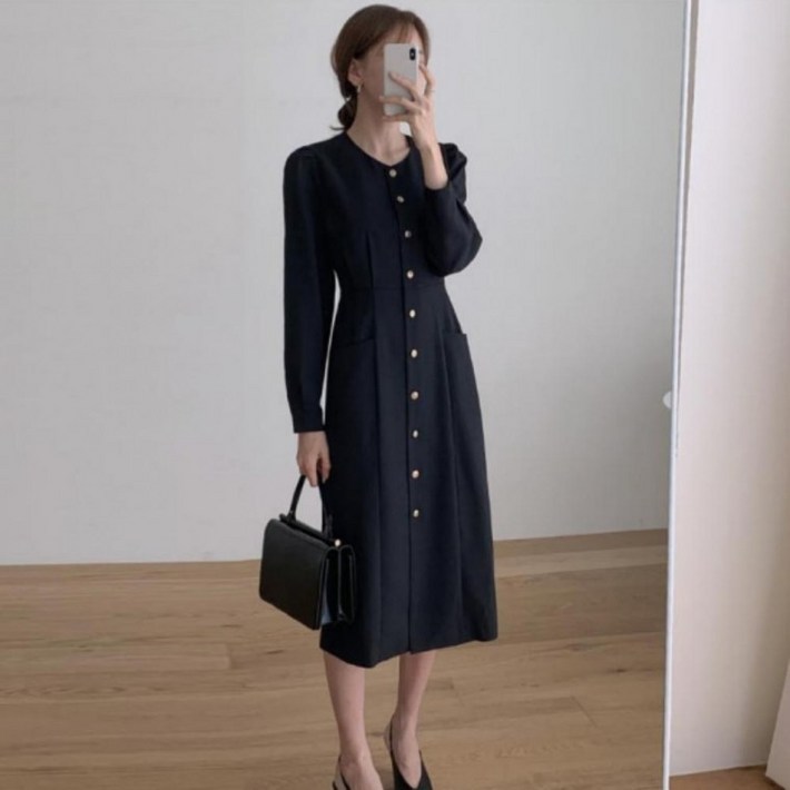 여성 고급 정장 하객룩 핀턱 버튼 퍼프 소매 롱 원피스