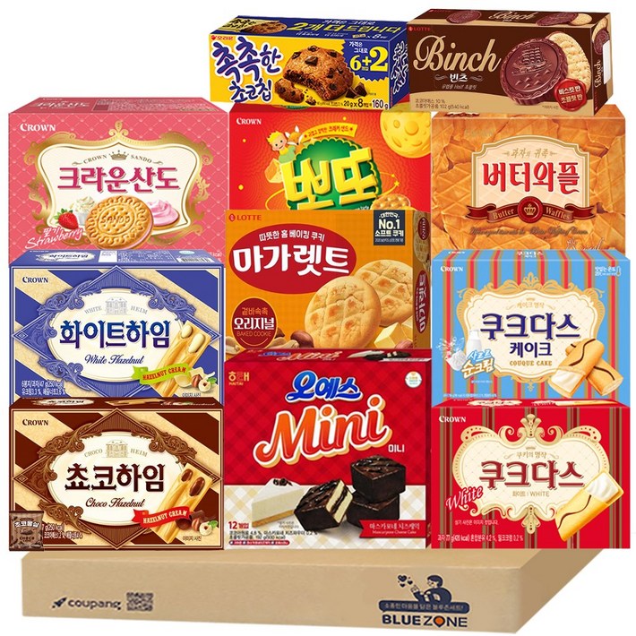 사무실 과자 세트 촉촉한초코칩1 크라운산도딸기1 버터와플1 뽀또치즈1 오예스미니1 화이트하임1 초코하임1 빈츠1 마가렛트1 쿠크다스케이크1 쿠크다스화이트1 몽실1, 1개