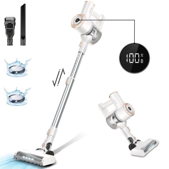 PrettyCare 25KPa의 강력한 흡입력을 가진 스틱형 진공청소기 애완동물 털을 위한 경량 무선, W200 White