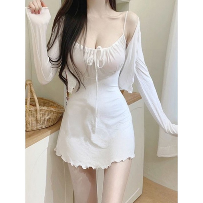 쪼예 리본 셔링 나시 원피스 가디건 세트 쪼예 리본 셔링 나시 원피스 가디건 세트