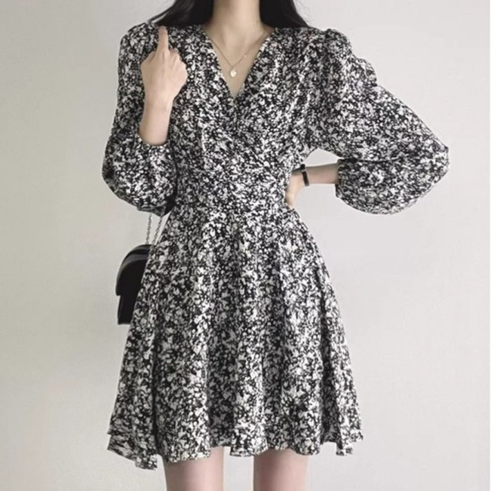 여성 러블리 플라워 플레어 미니 랩 원피스 DHHL02