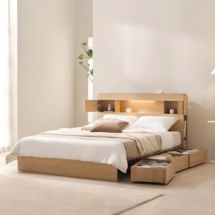 삼익가구 루이드 LED 3단 수납 침대  매트리스 세트 방문설치, 오크프레임  아이보리매트리스