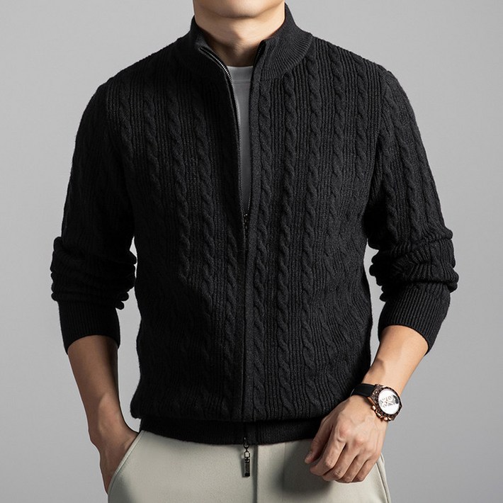 남성 가을 겨울 꽈배기 울 지퍼가디건