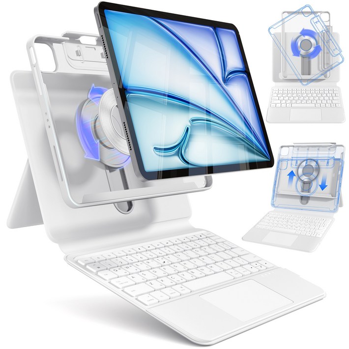 AITEWO 아이패드 매직키보드 케이스 펜슬 수납 360도회전 일체형 맥세이프 세로 가로 트랙패드 에어7654321세대 프로 1110.91312.9인치, 화이트, 아이패드 프로 7세대 M4 13인치, 1개