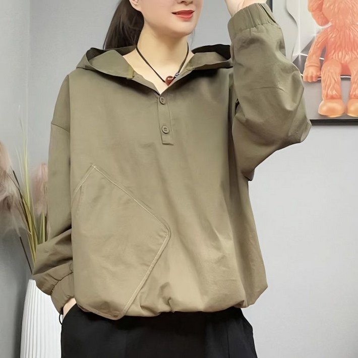 빅사이즈L4XL여성 봄가을 루즈핏 오버핏 무지 투포켓 버튼 캐주얼 긴팔 후드 맨투맨 티셔츠 후드티