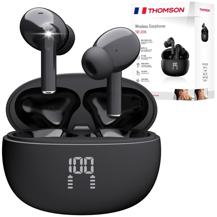 프랑스 톰슨 ENC 노이즈 캔슬링 LED 블루투스 6.0 이어폰 무선 방수, 블랙 TBE201K