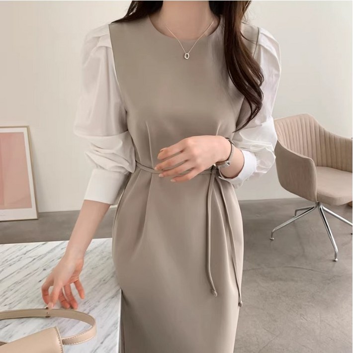 에스알비 퍼스 소매 배색 스트링 롱 원피스