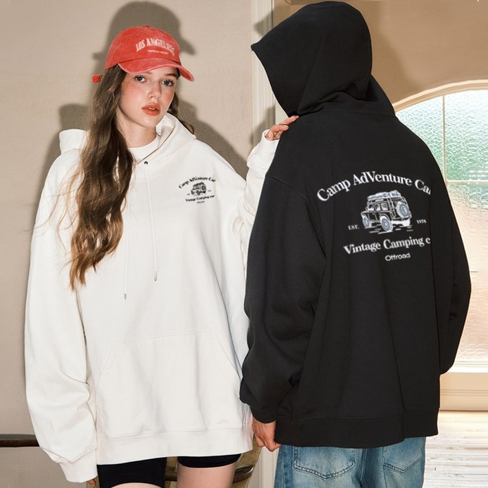FONOW 남녀공용 커플룩 쭈리면 빅사이즈 심플 오버핏 캠핑지프 프린팅 후드티
