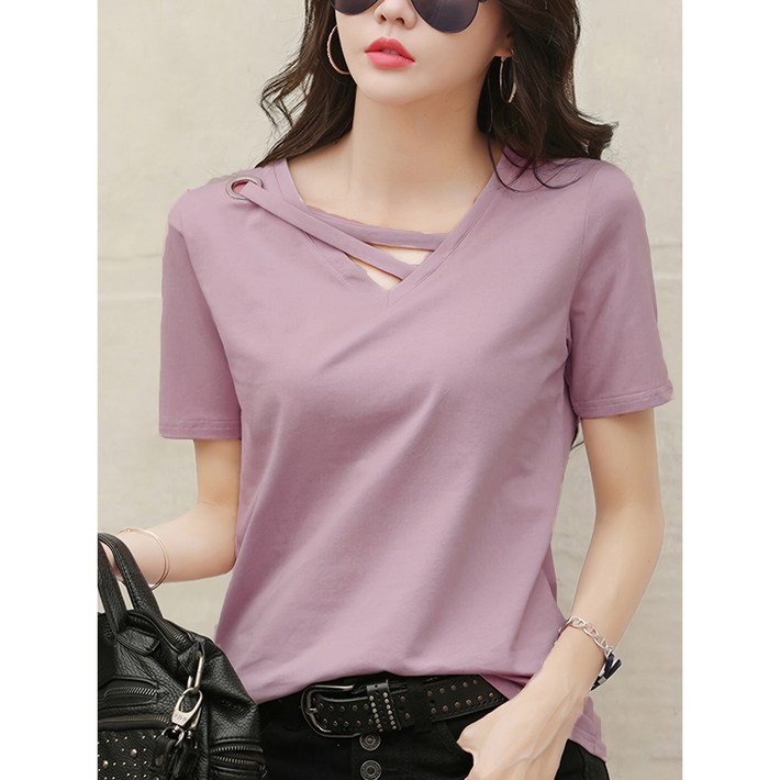 여름 신상 브이넥 반팔 캐주얼 티 상의