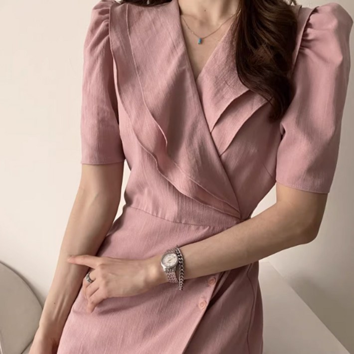 어반룩북 하객룩 이중넥 사선버튼 퍼프소매 원피스