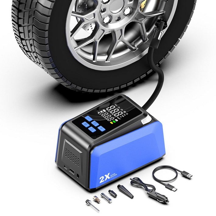 로푸 DC05 타이어 공기압 주입기 바람 체크 휴대용 에어펌프 8000mAh 대용량배터리 유 무선 겸용, 블루, 1개