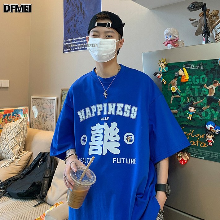 DFMEI 블루 반팔 남 하라주쿠 티셔츠 옷