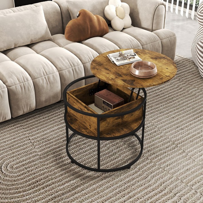 소웰라이프 리프트업 수납 원형 소파테이블, 나뭇결