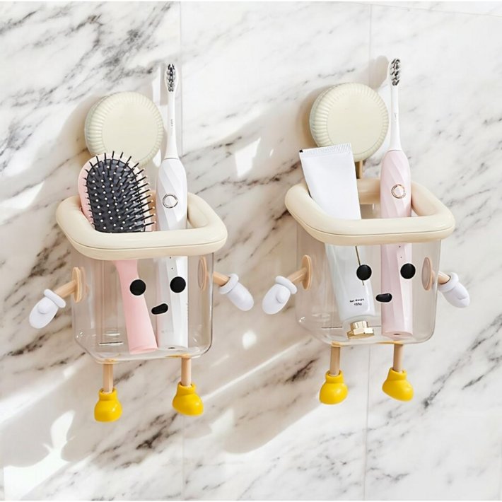 귀여운 로봇 캐릭터 욕실 칫솔 거치대 벽걸이형 무타공 흡착식 정리함