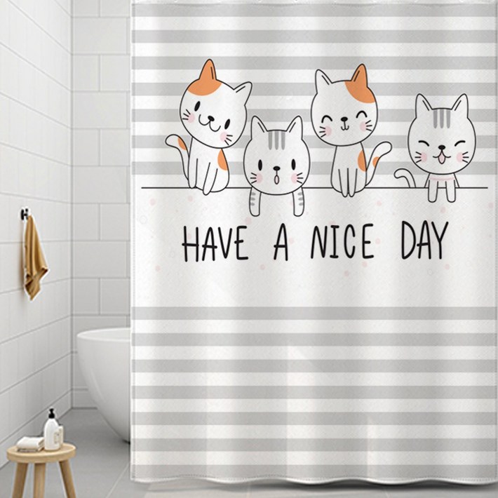 코팅블루 설치쉬운 무타공 방수 욕실 샤워커튼커튼링세트, 1세트, 16.스트라이프캣츠