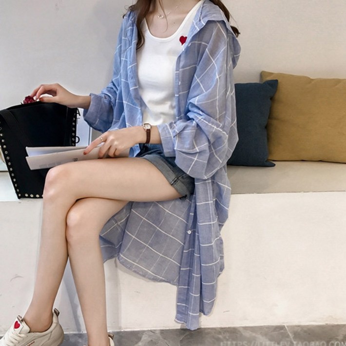 쉬블림로브 여성 체크 후드 데일리 나들이 롱 셔츠 GW0877 쉬블림로브 여성 체크 후드 데일리 나들이 롱 셔츠 GW0877