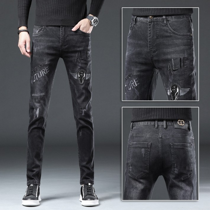 가을 새로운 블랙 자수 청바지 남성 유럽과 미국 인쇄 슬림 레깅스 캐주얼 바지 한국 버전 헤어 스타일