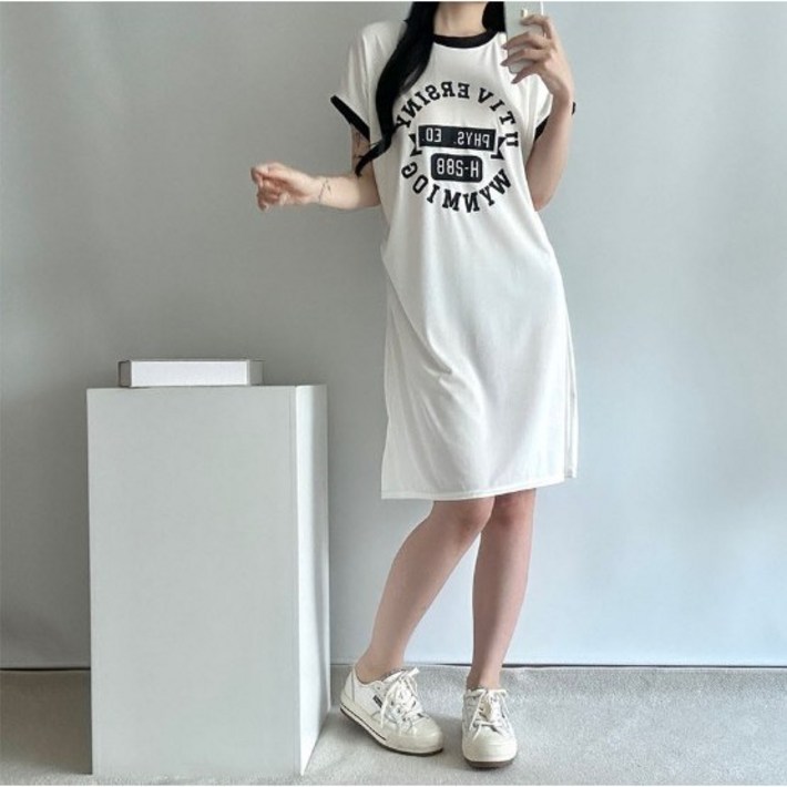 릴리제인 여성 루즈핏 레터링 반팔 롱 미디 원피스