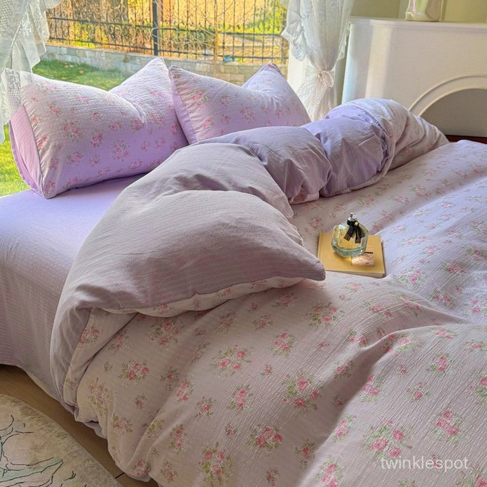 플로랄 패턴 코튼 침구 세트, 편안한 베이지 그린 리플 누빔 이불커버  베개커버 세트LZZ