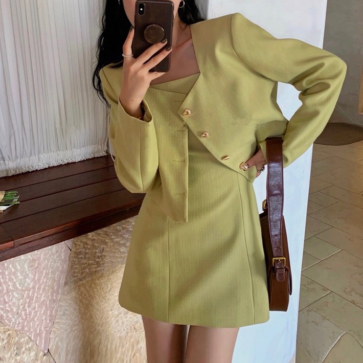 믹스블링 투피스 세트 스퀘어넥 크롭 자켓 원피스 미니 스커트 여성 셋업