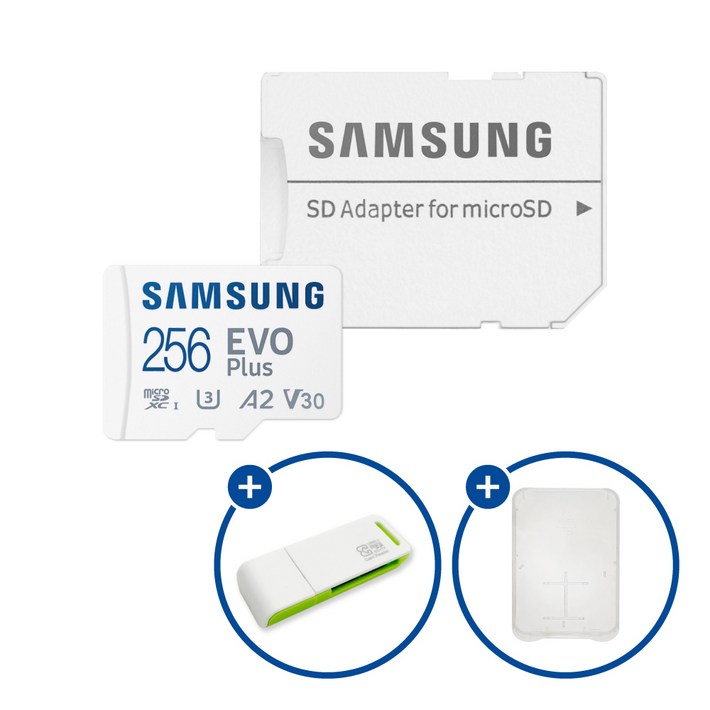 삼성전자 공식인증 정품 마이크로SD카드 EVO PLUS MBMC256SAKR  SD카드 케이스 및 이엘 연두 카드 리더기 USB2.0 2in1