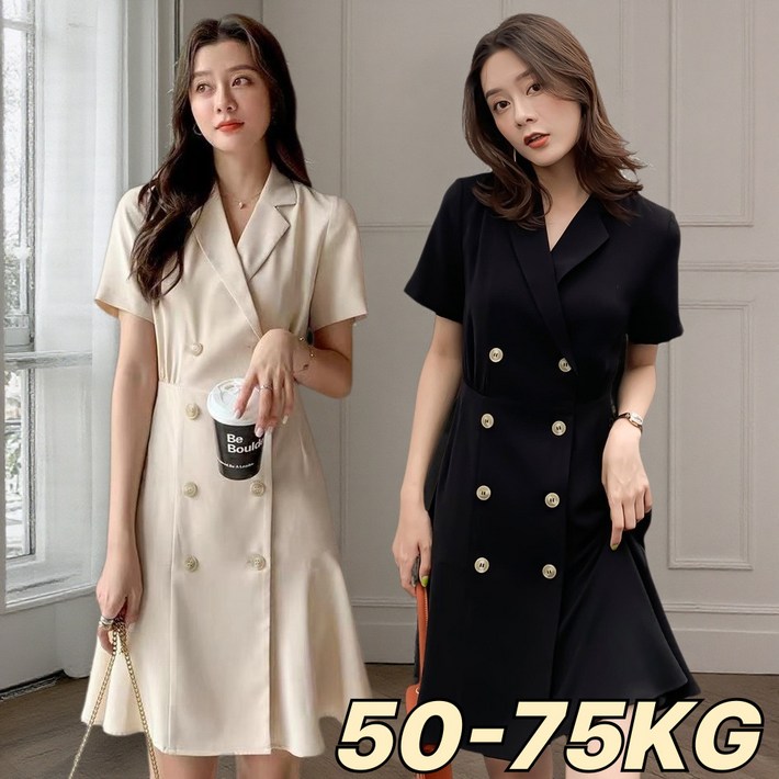 여성 편안한 쉬폰 정장 원피스 여름 더블 버튼 반팔 원피스 오피스룩 하객룩 빅사이즈