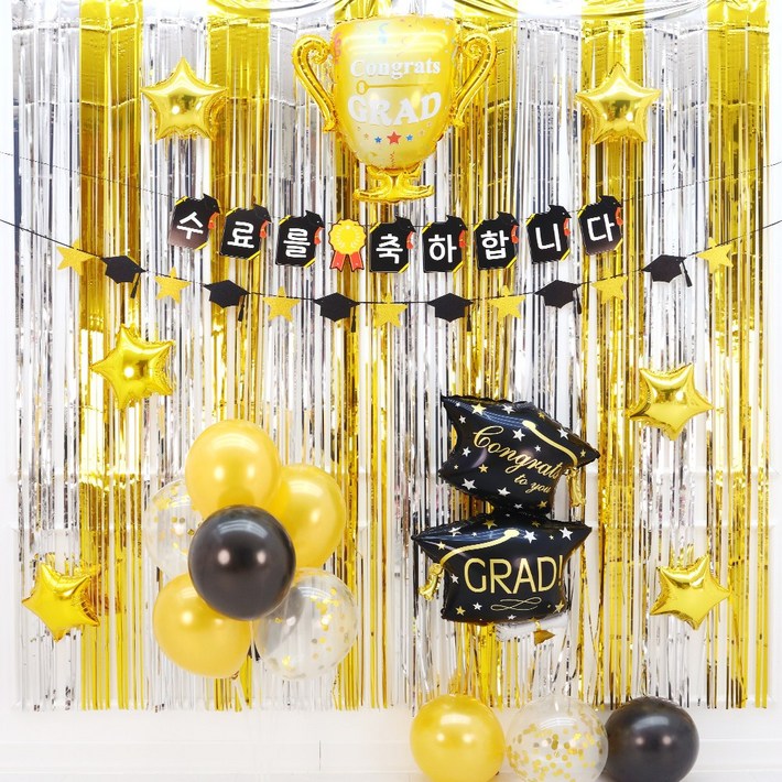 파티짱 수료 가랜드 풍선 커튼 세트 장식 축하 파티 소품, 1개, 수료 뱃지 골드실버