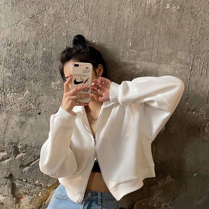 AOKADA 여성 카라 와플 지퍼 티셔 루즈핏 봄 가을 가디건