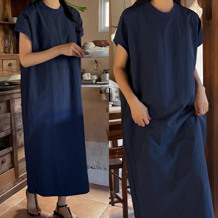 퍼니걸스 8780 루즈핏 라운드 나일론 바스락 반팔 롱 원피스 여성의류