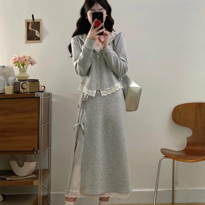 COSYEVNO 치마 세트 레이스 캐주얼 숏 후드집업롱스커트 투피스
