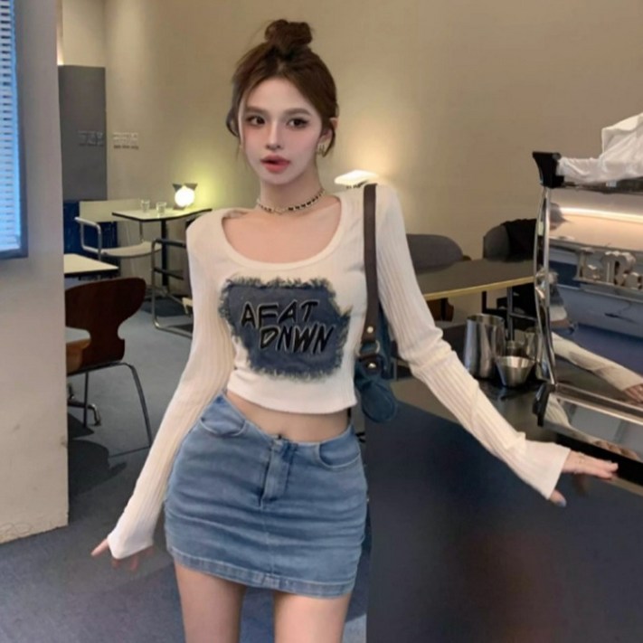 피어니스트 여성용 패치 데님 크롭 긴팔 티셔츠