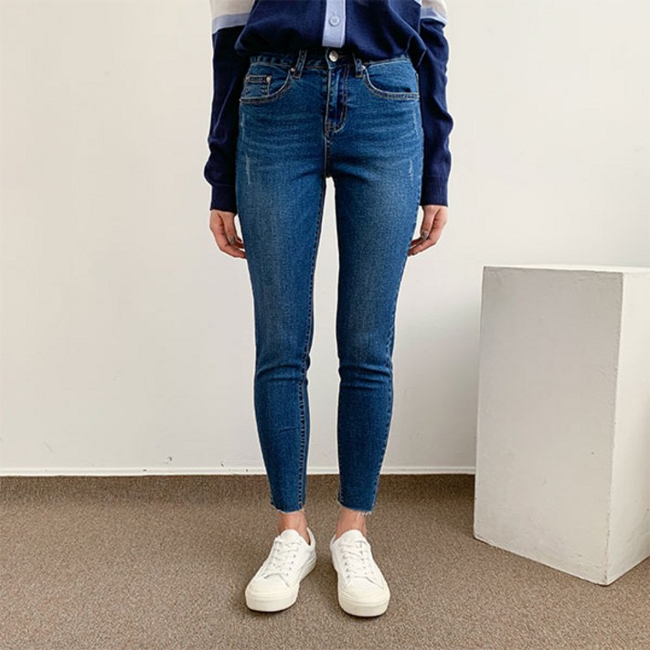 헤이진 여성용 밑단컷팅 스크레치 스판 스키니 청바지