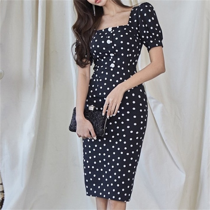 천하오 여성 스퀘어넥 퍼프 도트 엘레강스 원피스 TZ322