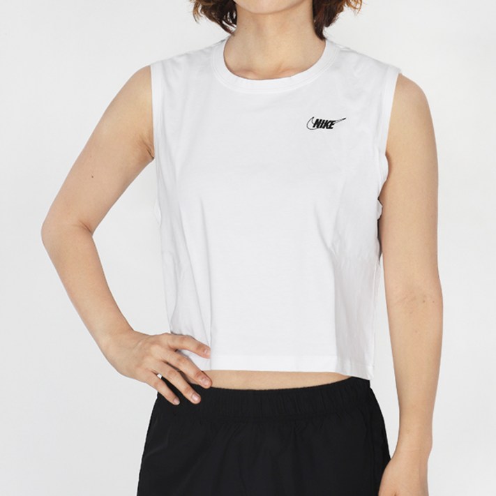 나이키 우먼스 크롭 민소매 나시티 NSW Club 티 화이트블랙 로고