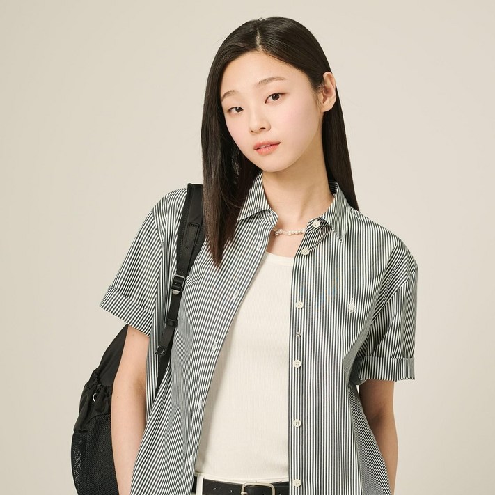 코튼 스트라이프 반소매 셔츠  그린 BF5465C10M 714641