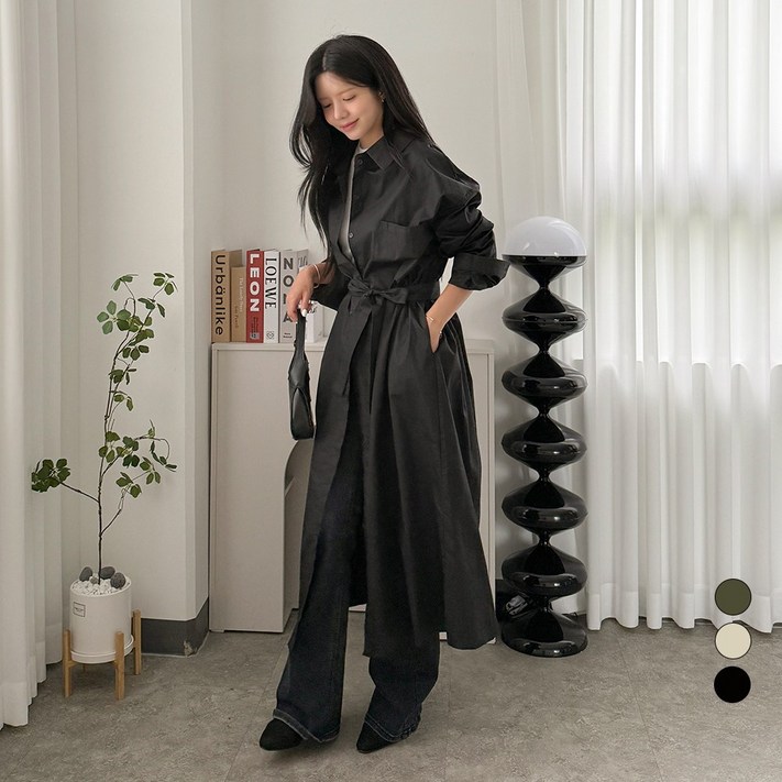 디테일웨어 여성 벨트 셔츠 스트랩 롱원피스 트렌치 디자인 면소재 임부복 긴팔 원피스 바바리코트 단정한 하객룩 데이트룩
