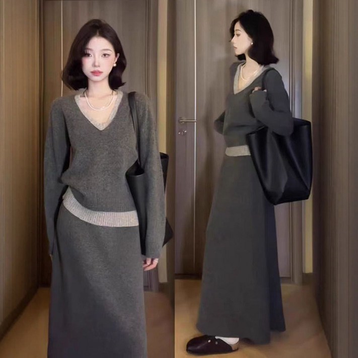 여성투피스 스웨터  스커트 니트티 롱스커트 세트 ZBW25108445 60