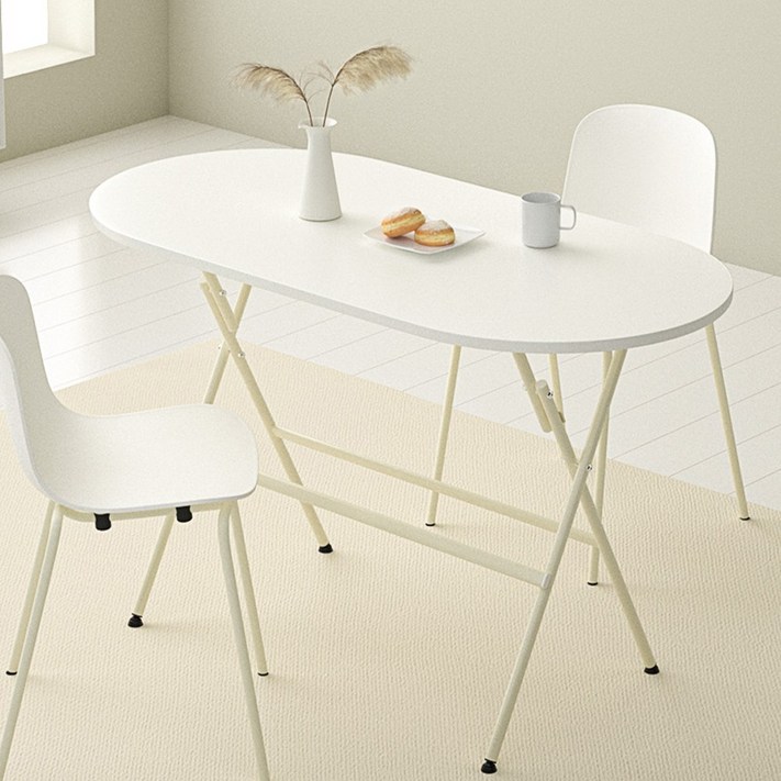 Unihome E0급 750mm높이 18mm상판 접이식 테이블 공간활용 다용도 타원 식탁, 2인용, 화이트