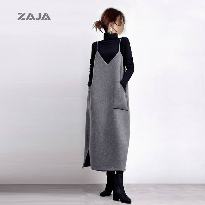 ZAJA 여성 겨울 민소매 롱 원피스 브이넥 모직 레이어드 원피스