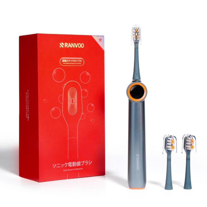RANVOO AirJet 기포 전동칫솔 양치와 치간세정 2in1 플라그 제거 잇몸 보호 60일 대용량 배터리 선물 추천 칫솔모 2개 증정, 1개, 그레이, PH3