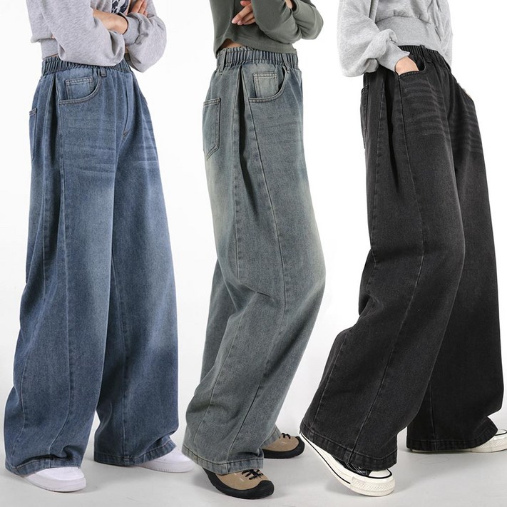 오버나인 여자 여성 숏 롱 기장 키큰녀 키작녀 벌룬 와이드 사이드 핀턱 밴딩 데님 청바지