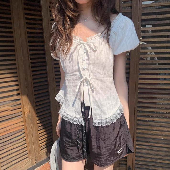 리브하모 여성 여름 캐주얼 레이스 블라우스 반팔 셔츠