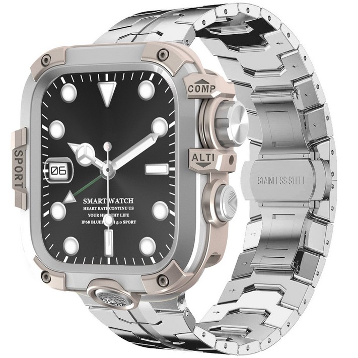 애플워치111SE울트라 호환 스테인리스 메탈 스트랩  PC 풀커버 케이스 세트 44454649mm, 스타라이트 실버 실버